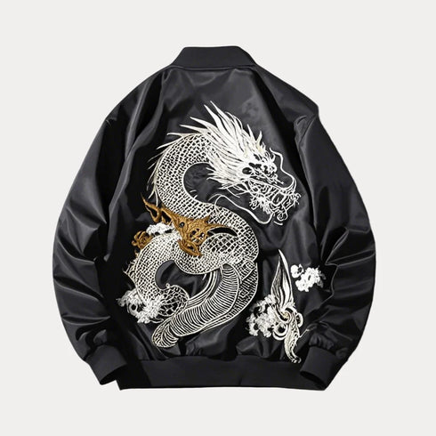 Spring bomber jacket with dragon embroidery, casual style, zipper closure.